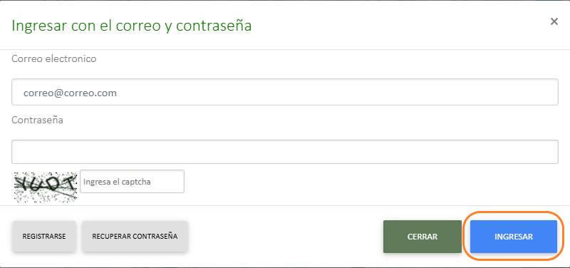 Ventana modal ingresar con correo y contraseña